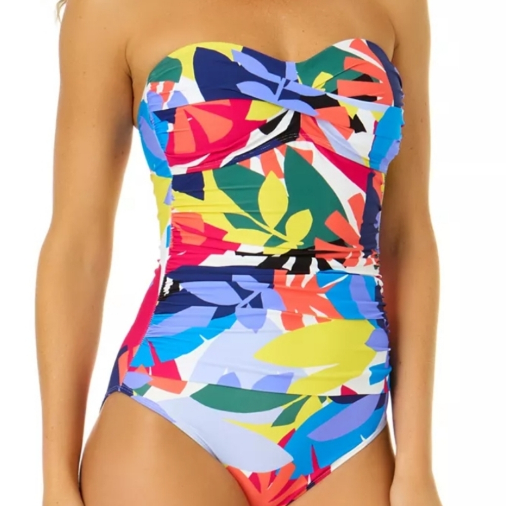 Anne Cole Tropical Bandeau One Piece Swimsuit Multicolor Floral Print Size 8 NWT